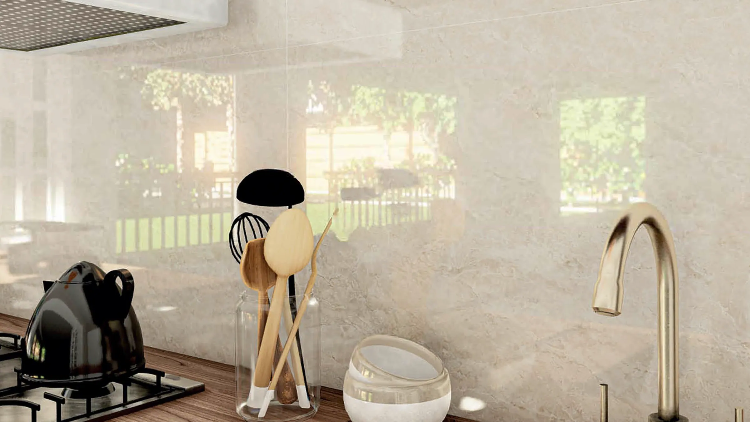 Black Marble — interior con piso de mármol negro