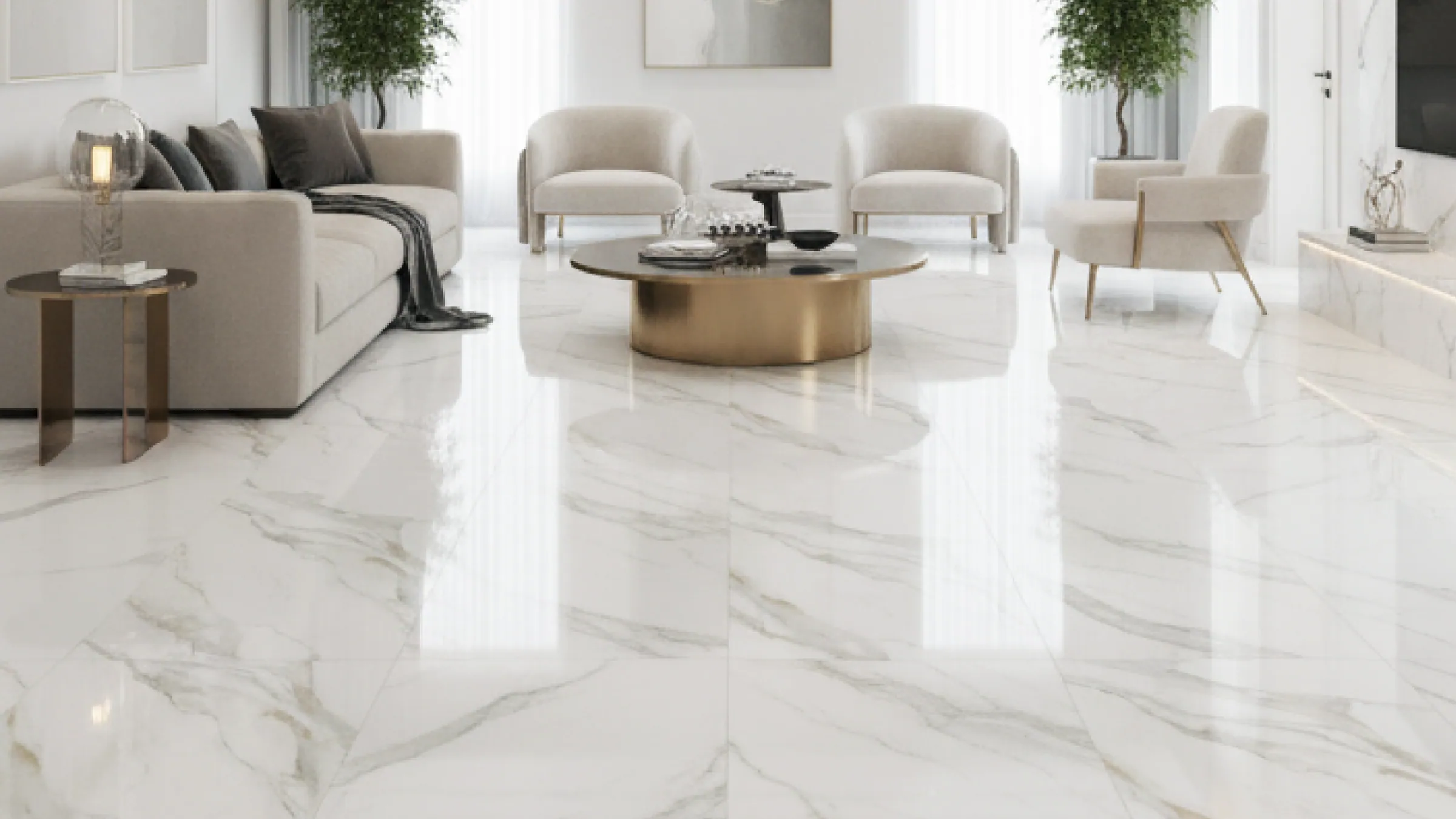 White Marble — sala con mármol blanco veteado en gran formato
