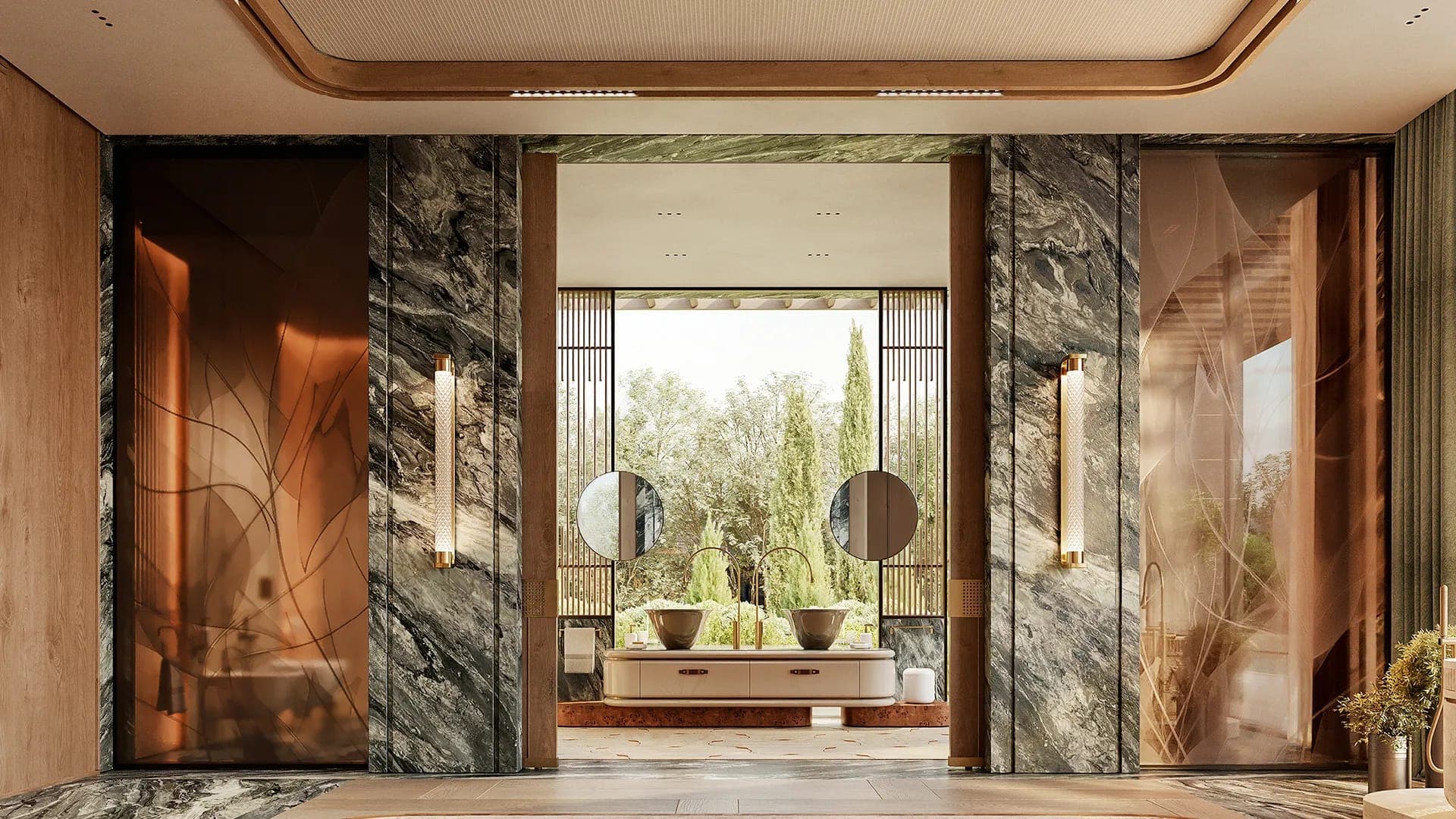 Baño de mármol verde con lavabos de bronce al fondo