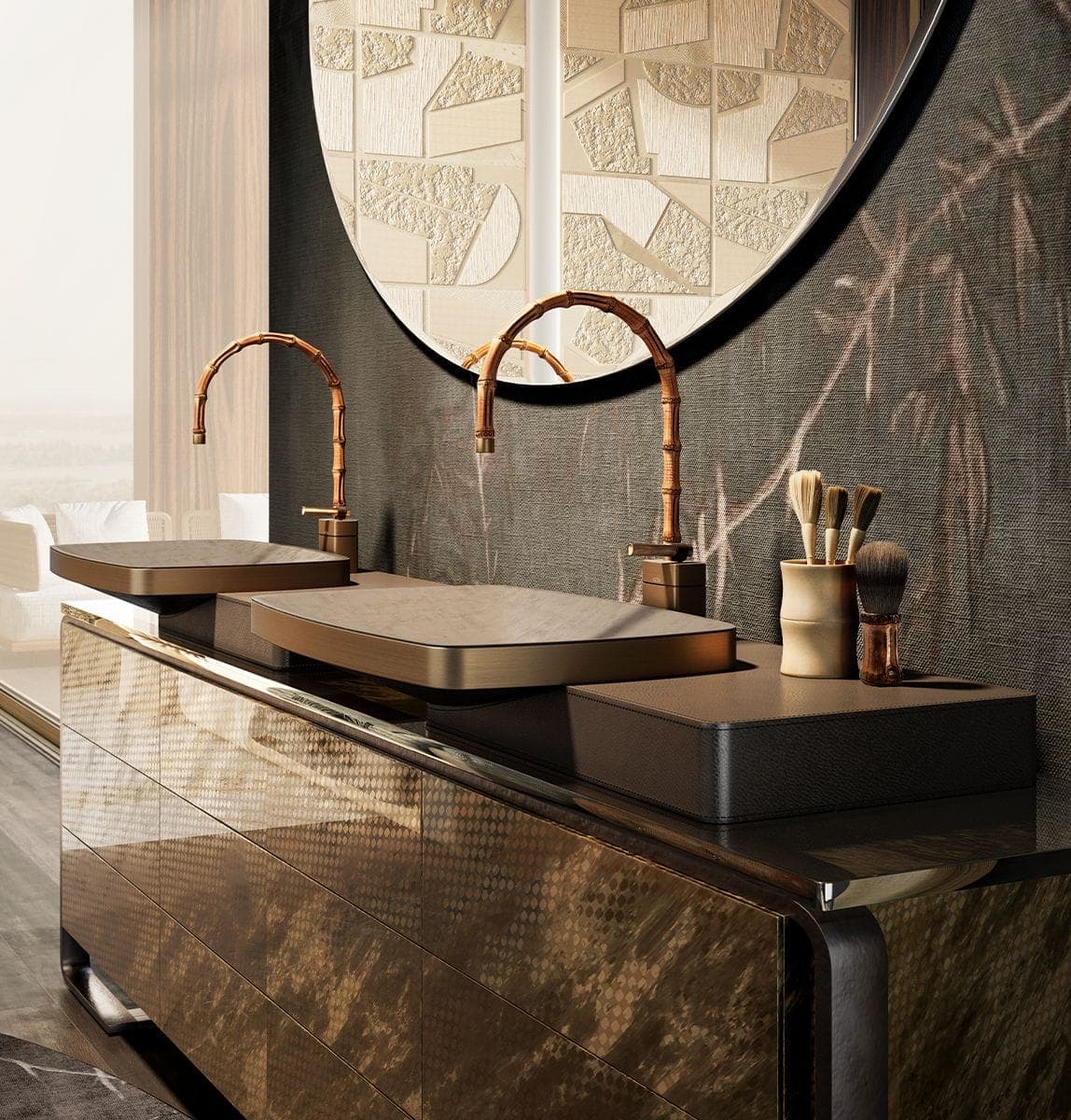 Grifería de bronce sobre un lavabo rectangular oscuro