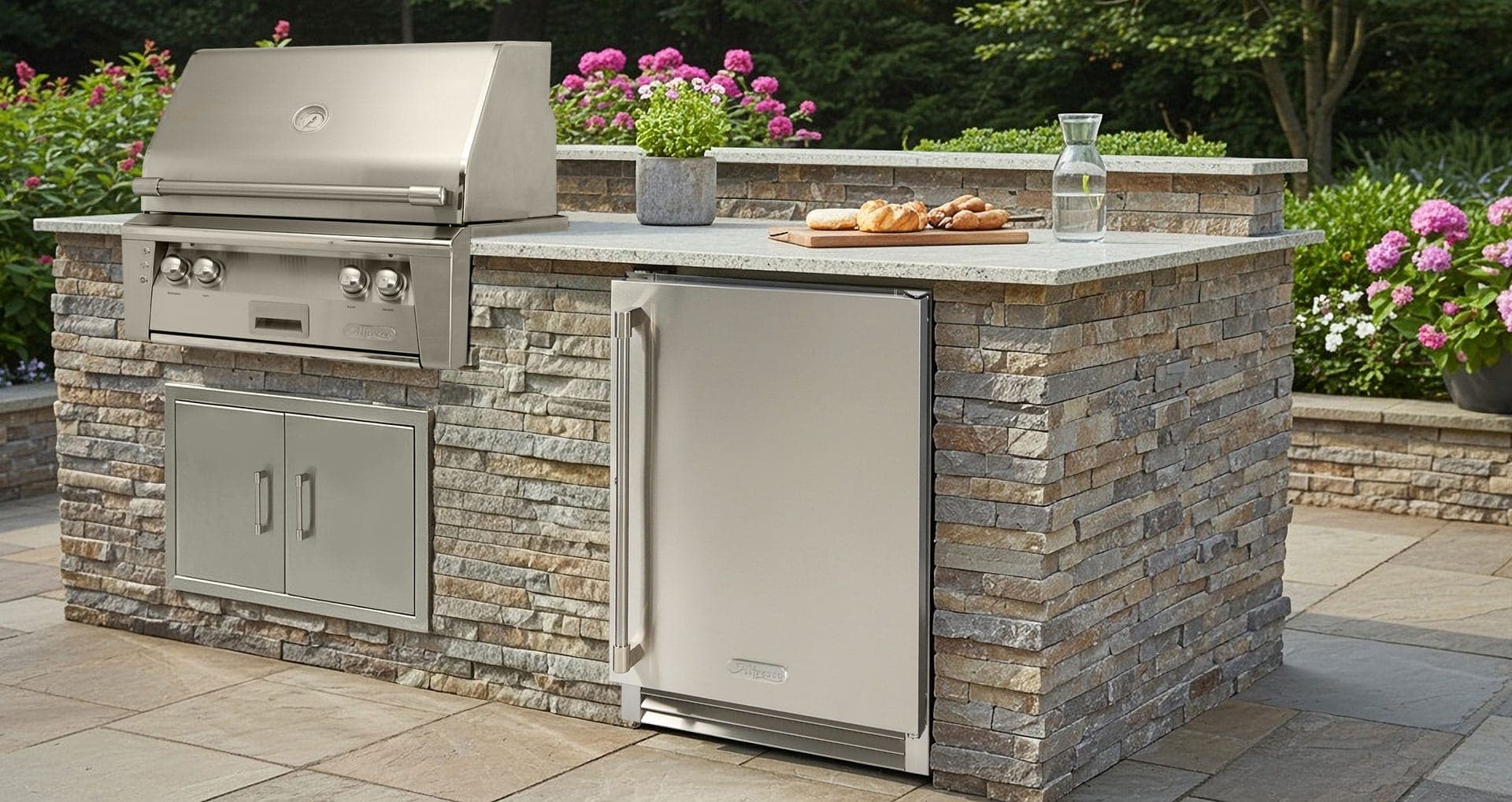 Isla de piedra apilada con cubierta de granito en un patio con flores rosas: asador de acero inoxidable con la tapa cerrada, puerta doble de acceso y un refrigerador de una puerta de acero inoxidable; sobre la cubierta, panes en una tabla, una jarra de agua y una maceta.