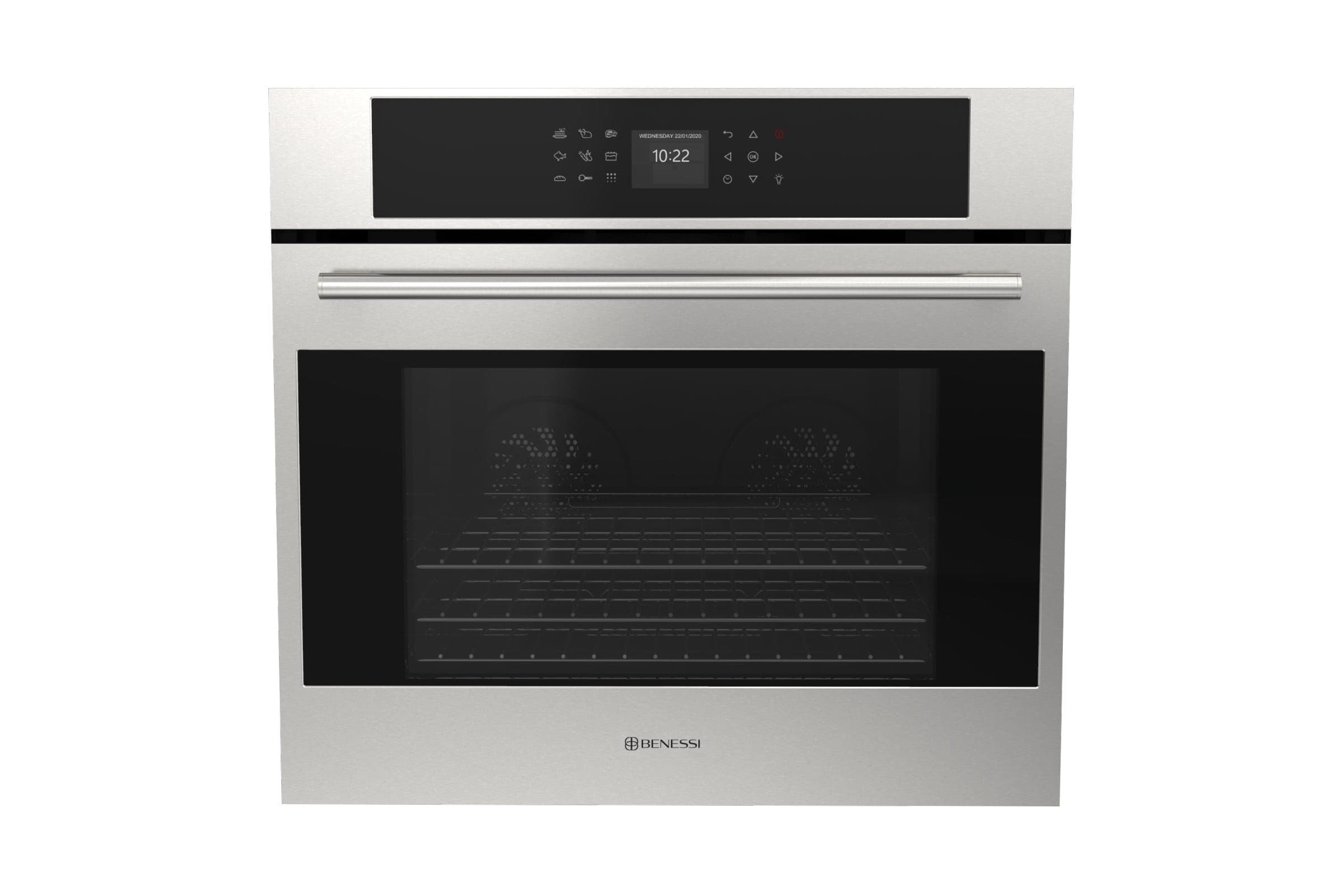 Horno empotrable de acero inoxidable con puerta de vidrio negro, jaladera y panel de control con pantalla, sobre fondo blanco.