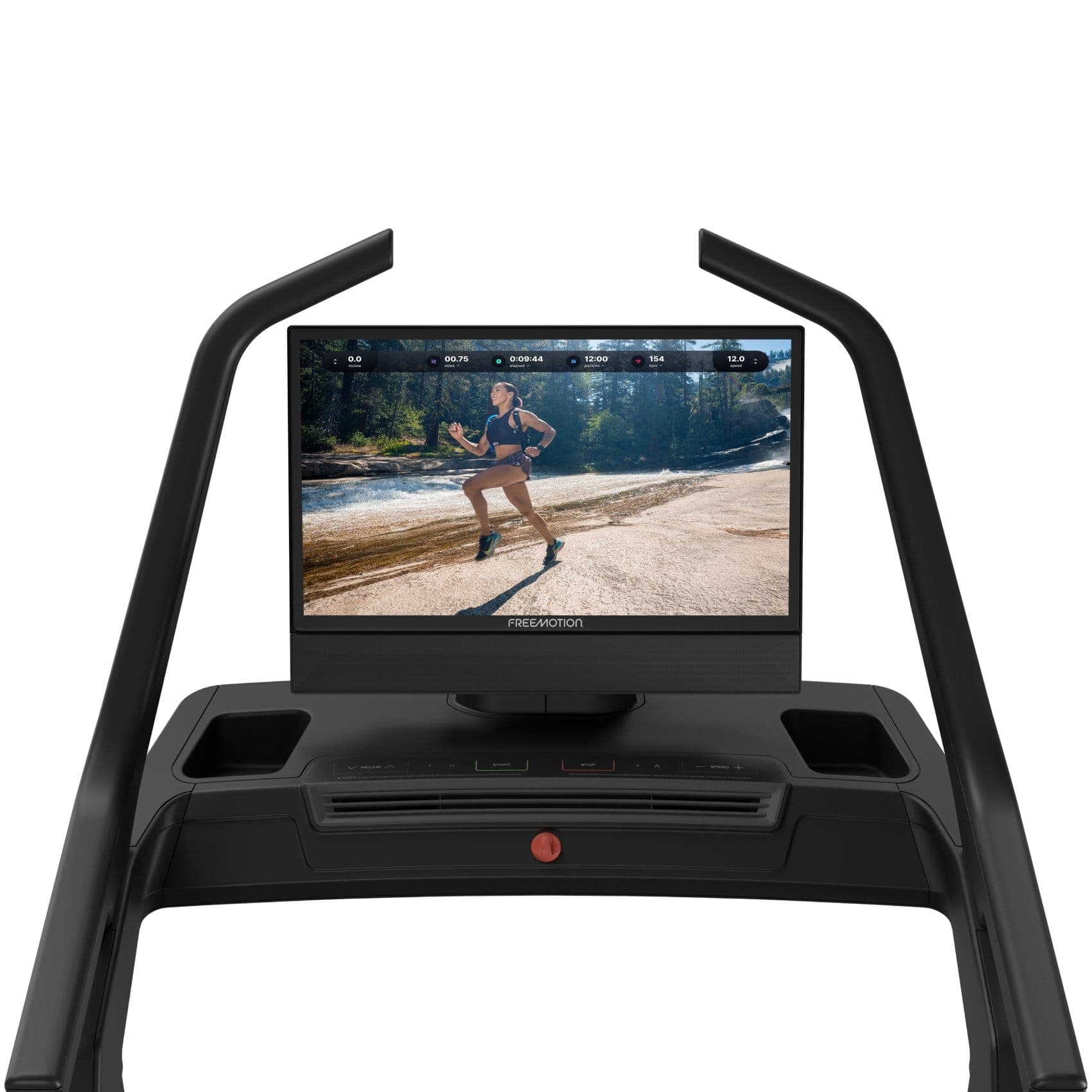 Consola de un i8 Incline Trainer vista de frente, sobre fondo blanco: pantalla táctil con una corredora junto a un río, entre las dos manijas.