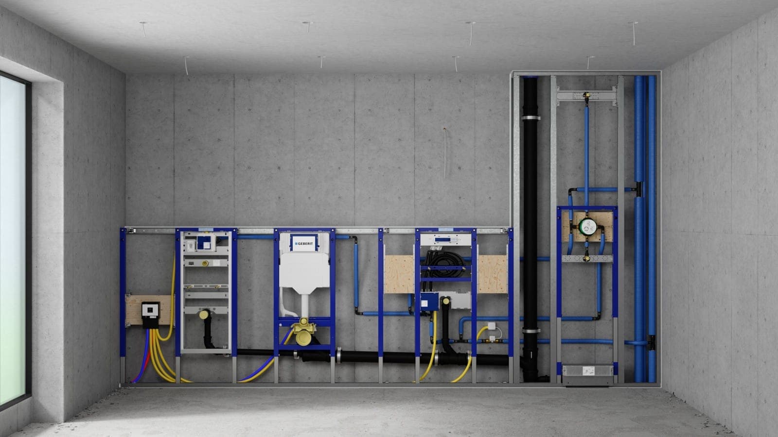 Muro de concreto en obra negra con una fila de bastidores azules de instalación, uno de ellos con una cisterna empotrada blanca, entre tuberías azules, amarillas y negras.