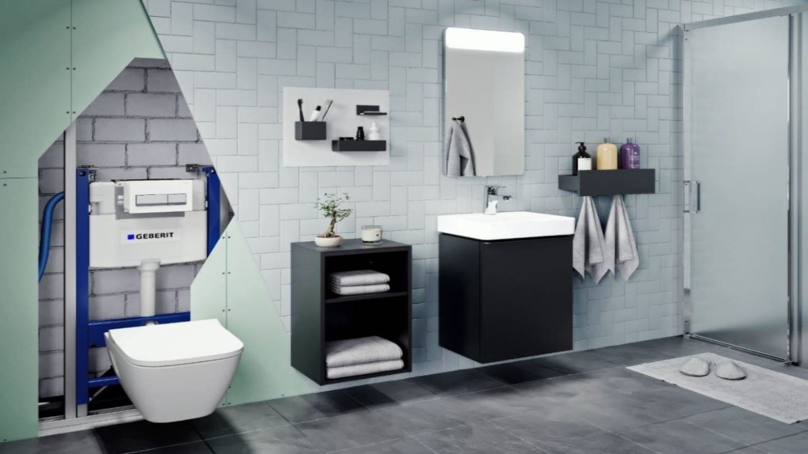 Baño de azulejo blanco rectangular colocado en espiga: un corte en el muro deja ver el bastidor azul y la cisterna blanca con su placa sobre un inodoro suspendido; a la derecha, muebles negros, lavabo con espejo iluminado y una regadera.