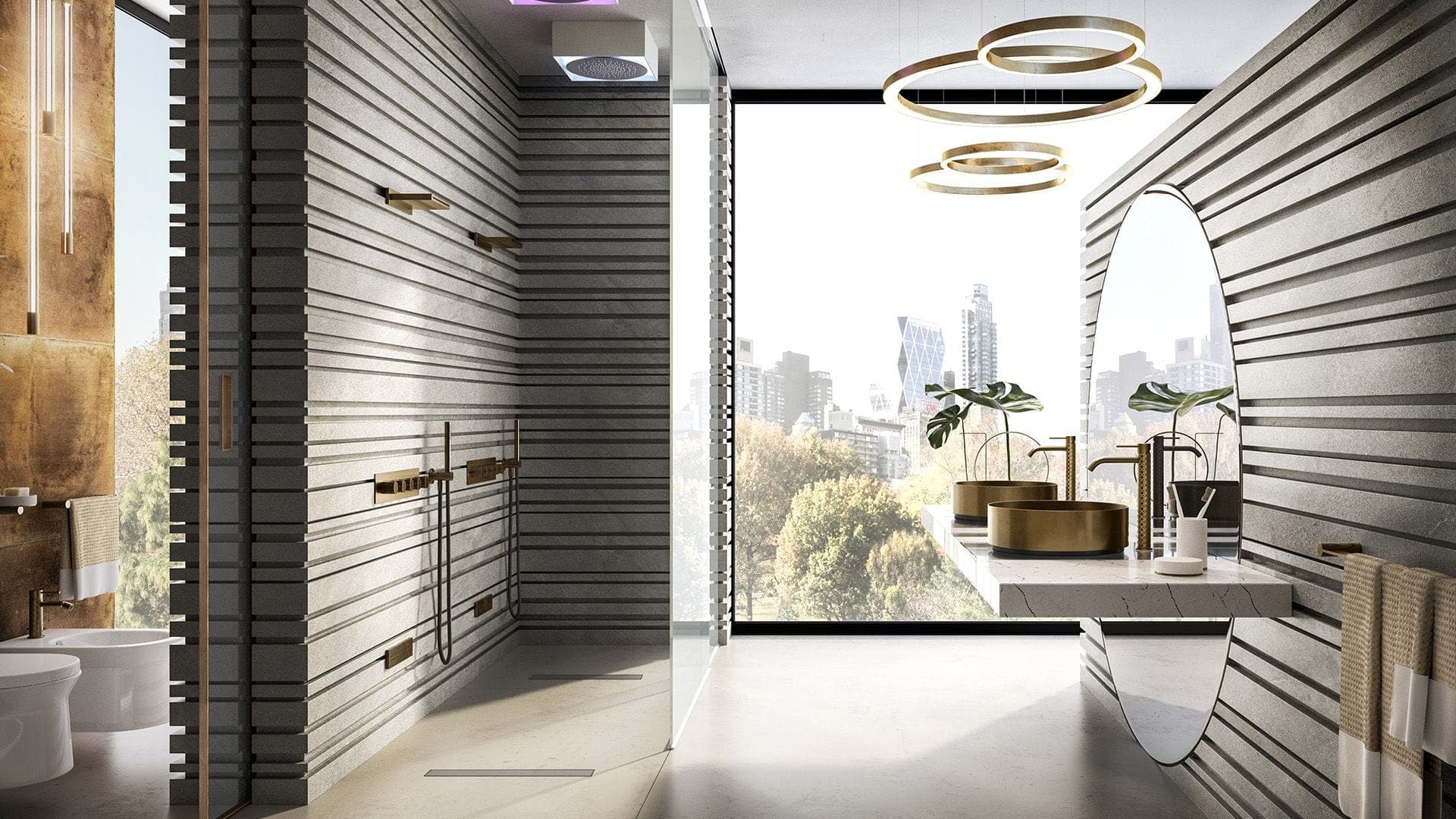 Baño con regadera y grifería Gessi316 frente a un ventanal con vista a la ciudad