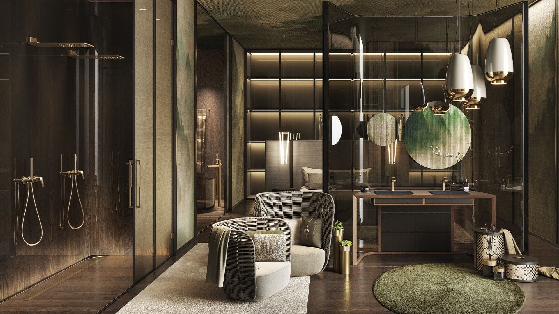 Suite oscura con regaderas Ventaglio y dos sillones