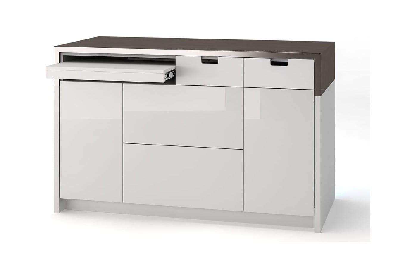 Render de un mostrador de recepción K10 blanco brillante con cubierta color wengué, visto por el lado de trabajo, con puertas, cajones y una repisa extraíble, sobre fondo blanco