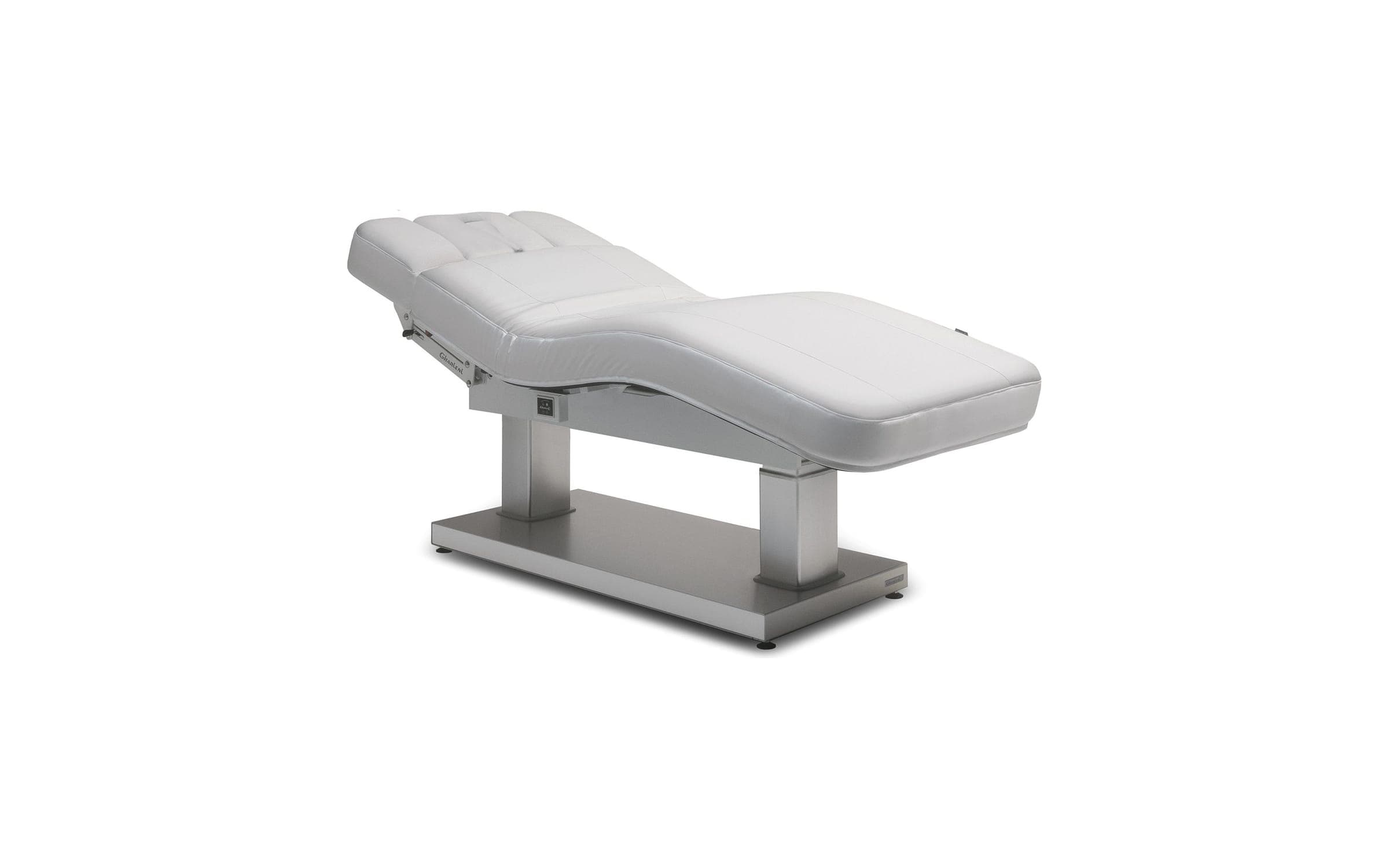 Mesa MLR Select blanca con base de aluminio de doble columna, sobre fondo blanco