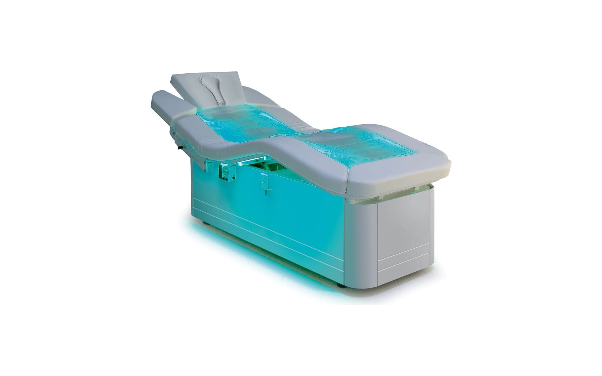 Mesa MLW Amphibia blanca con la superficie de agua y la base iluminadas en turquesa, sobre fondo blanco