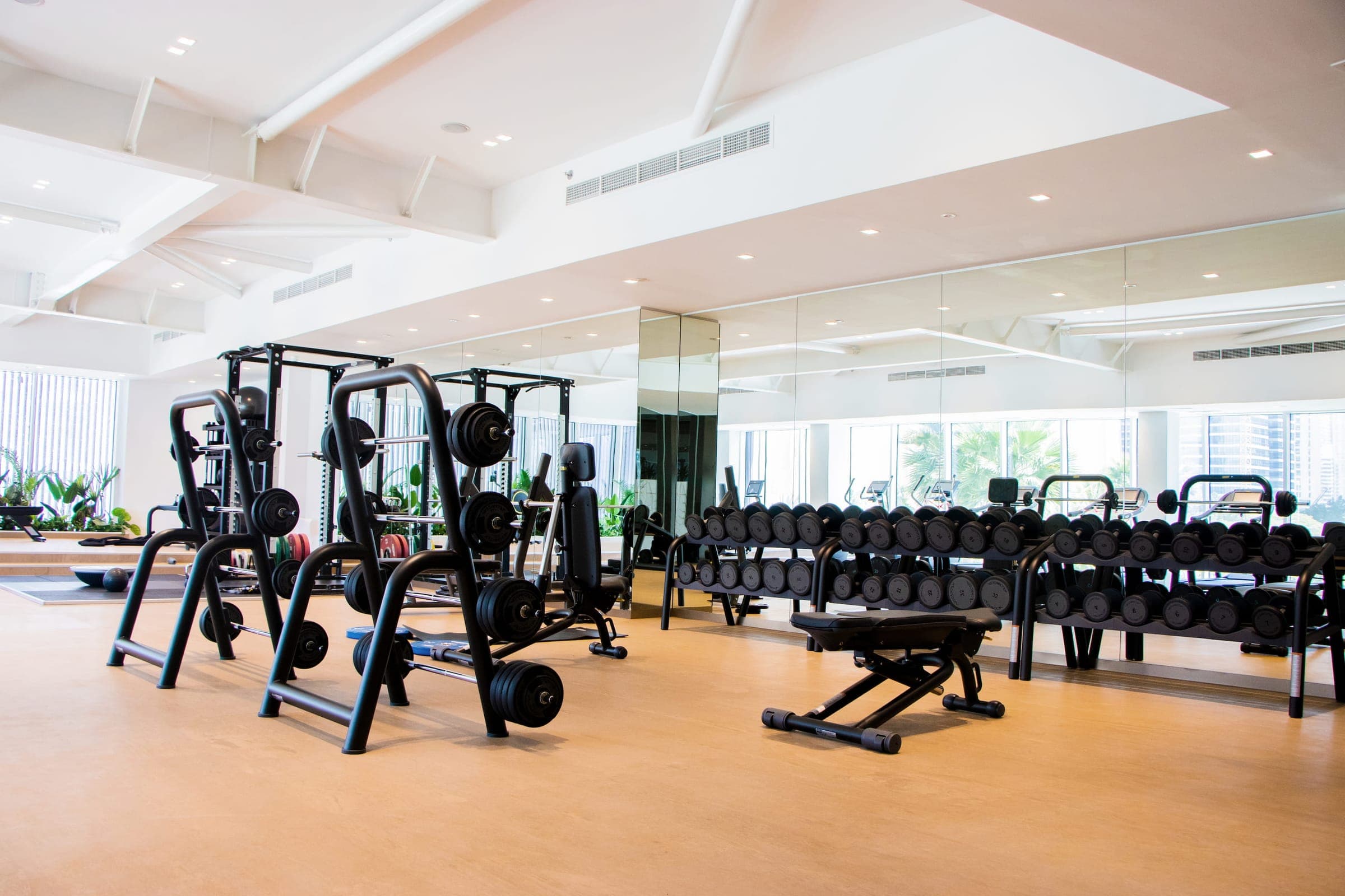 Gimnasio con piso de hule liso color madera clara, racks con discos, un banco y racks de mancuernas frente a un muro de espejos y ventanales.