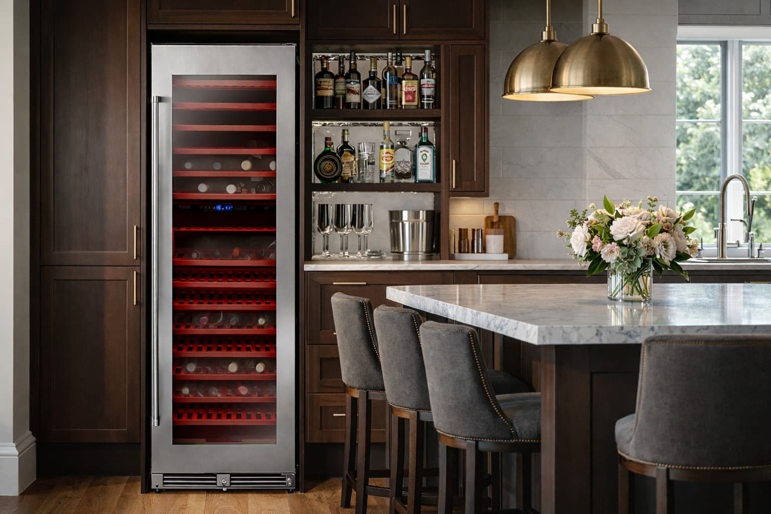 Columna para vino de acero inoxidable con puerta de vidrio e interior iluminado en rojo con botellas, empotrada en gabinetes de madera oscura; al lado, un bar con licores, copas y una hielera, y una isla de mármol con bancos tapizados en gris bajo dos lámparas doradas.