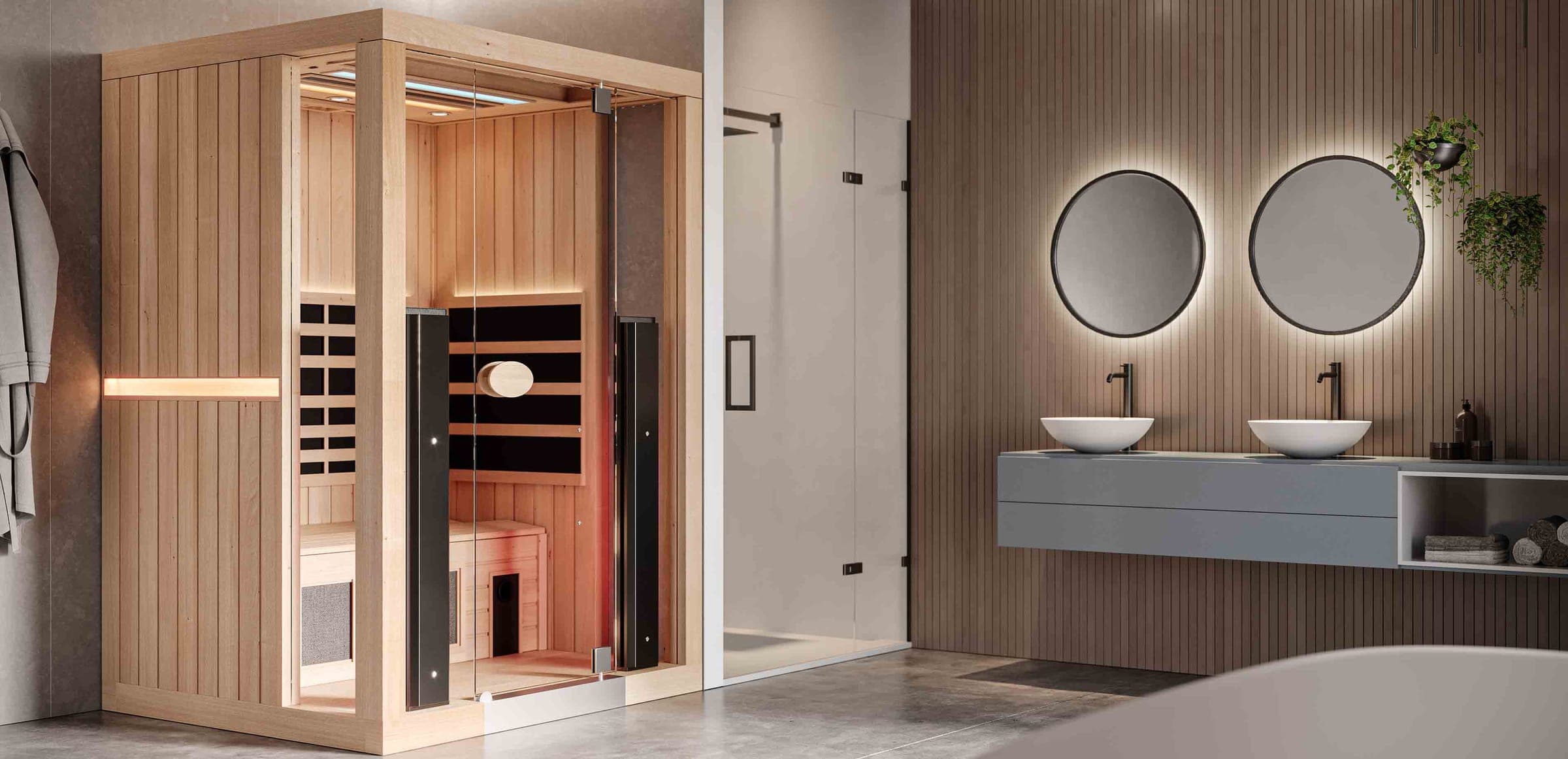Sauna infrarroja de madera junto a una regadera de vidrio en un baño