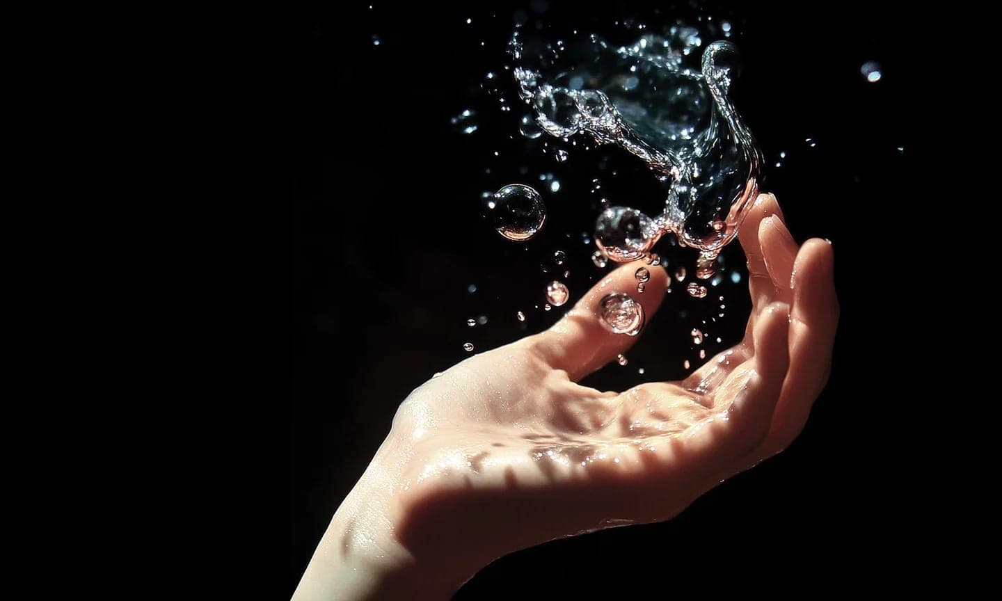 Mano entre gotas de agua sobre fondo negro