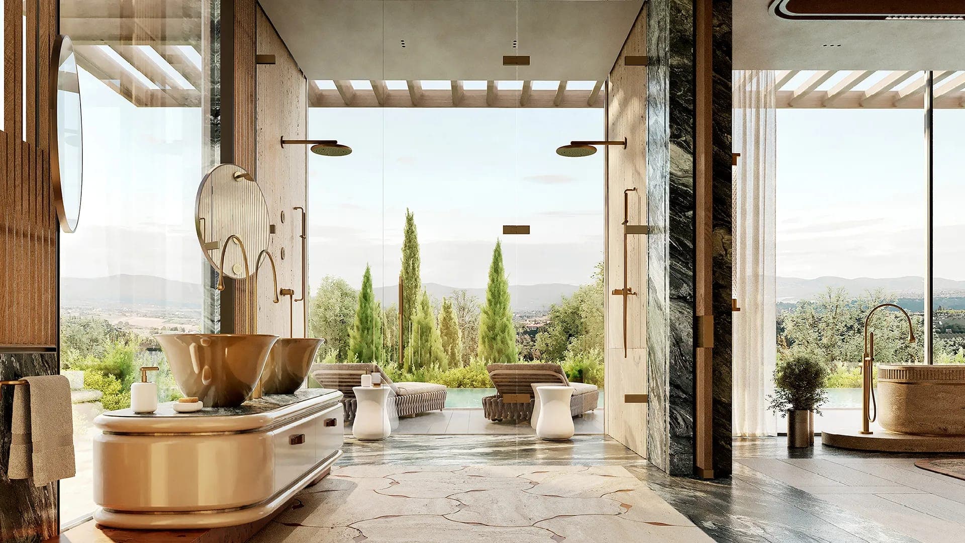 Baño abierto a un jardín de cipreses, con lavabos de bronce y regaderas de lluvia