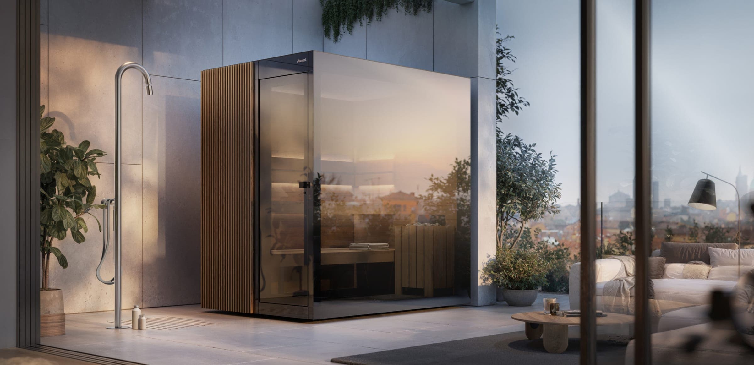 Sauna exterior de vidrio ahumado y madera en una terraza al atardecer
