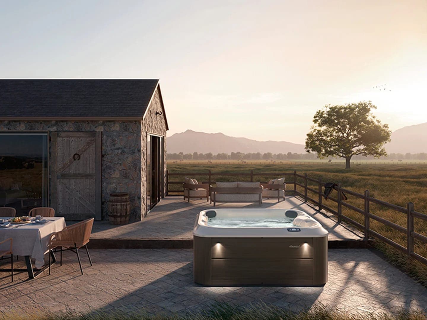 Spa en una terraza de madera al atardecer