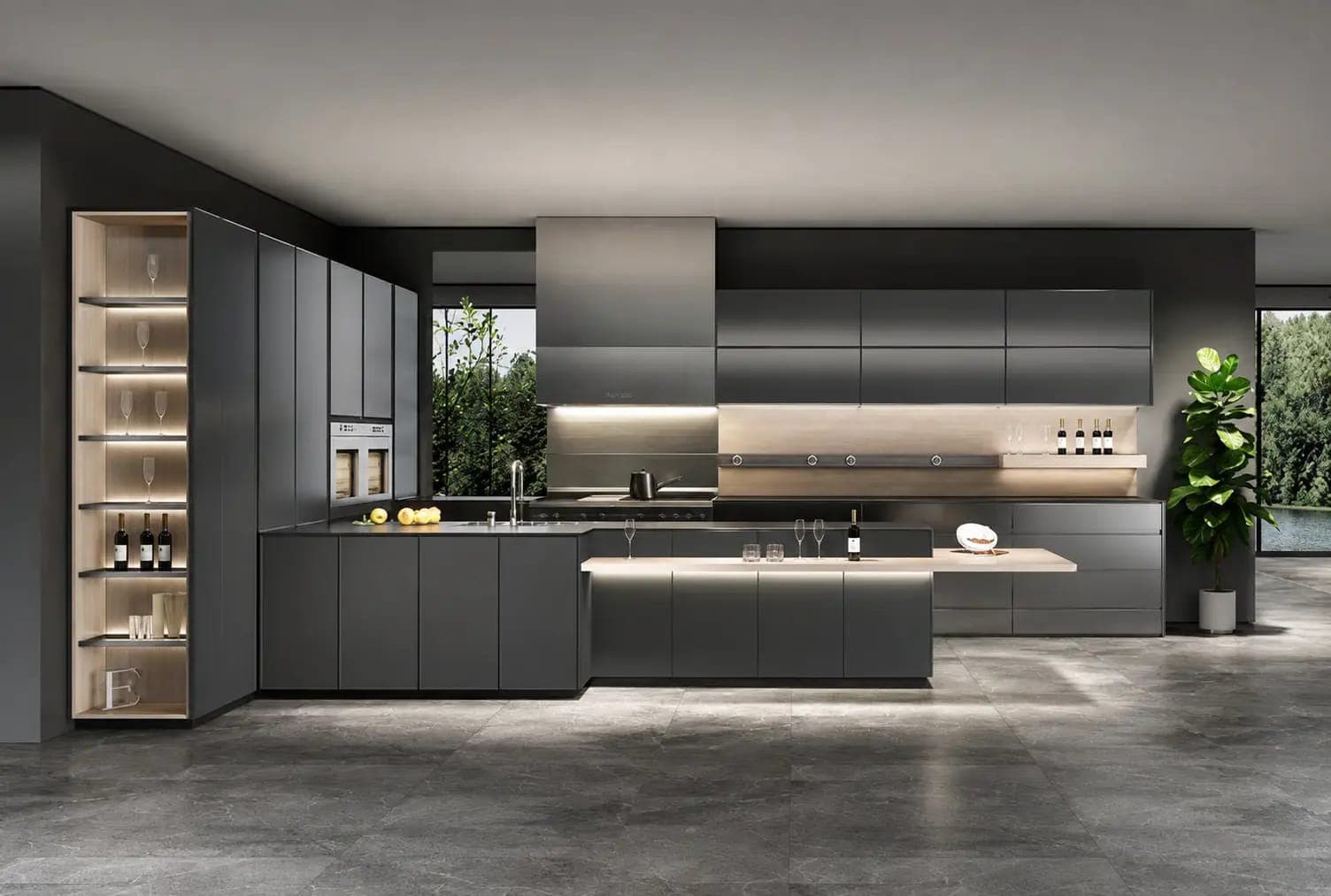 Cocina gris oscura con isla y repisas iluminadas