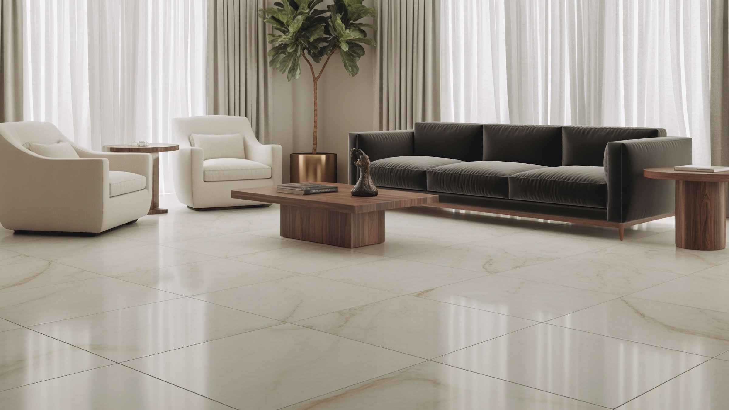 Sala con piso porcelánico de mármol blanco veteado en gran formato — instalación AKABA