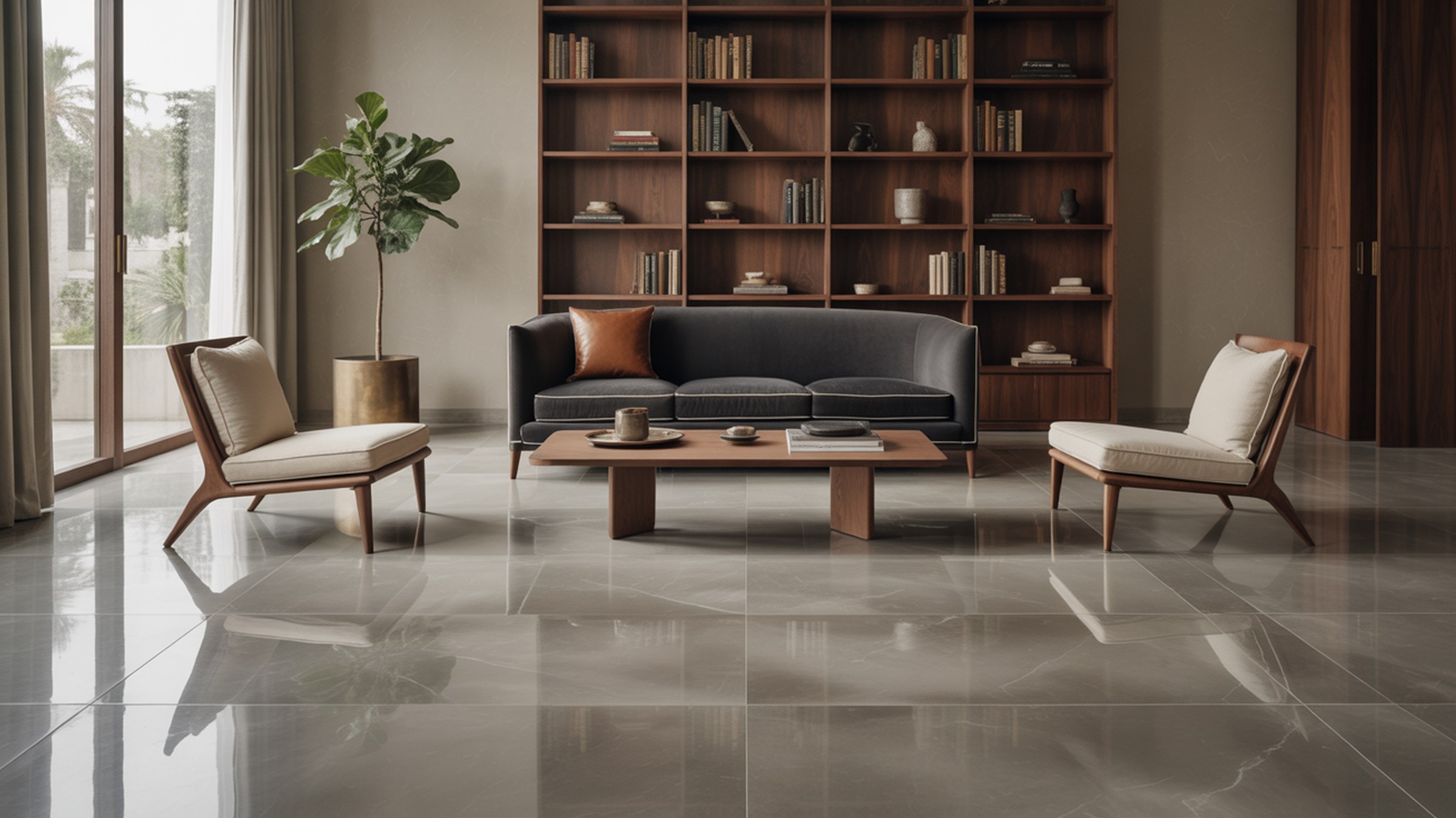 Sala con biblioteca de madera y piso porcelánico gris pulido — instalación AKABA