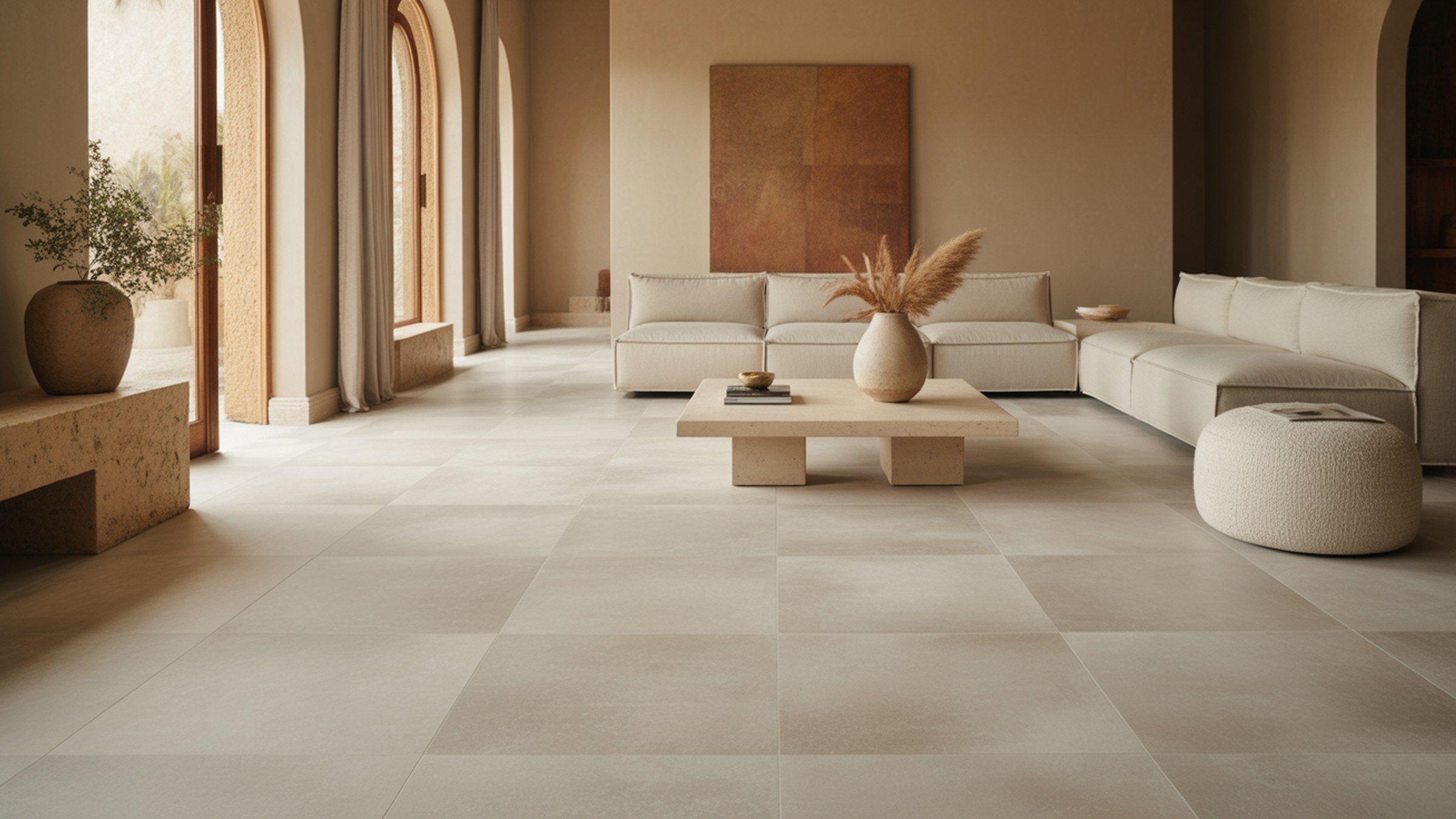 Sala mediterránea con piso porcelánico de piedra técnica mate — instalación AKABA